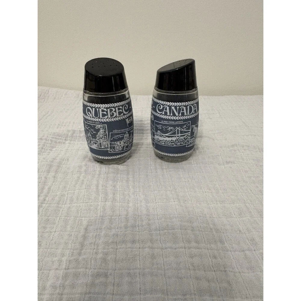 Quebec Canada Glass Salt and Pepper Shakers Blue with White Landmarks